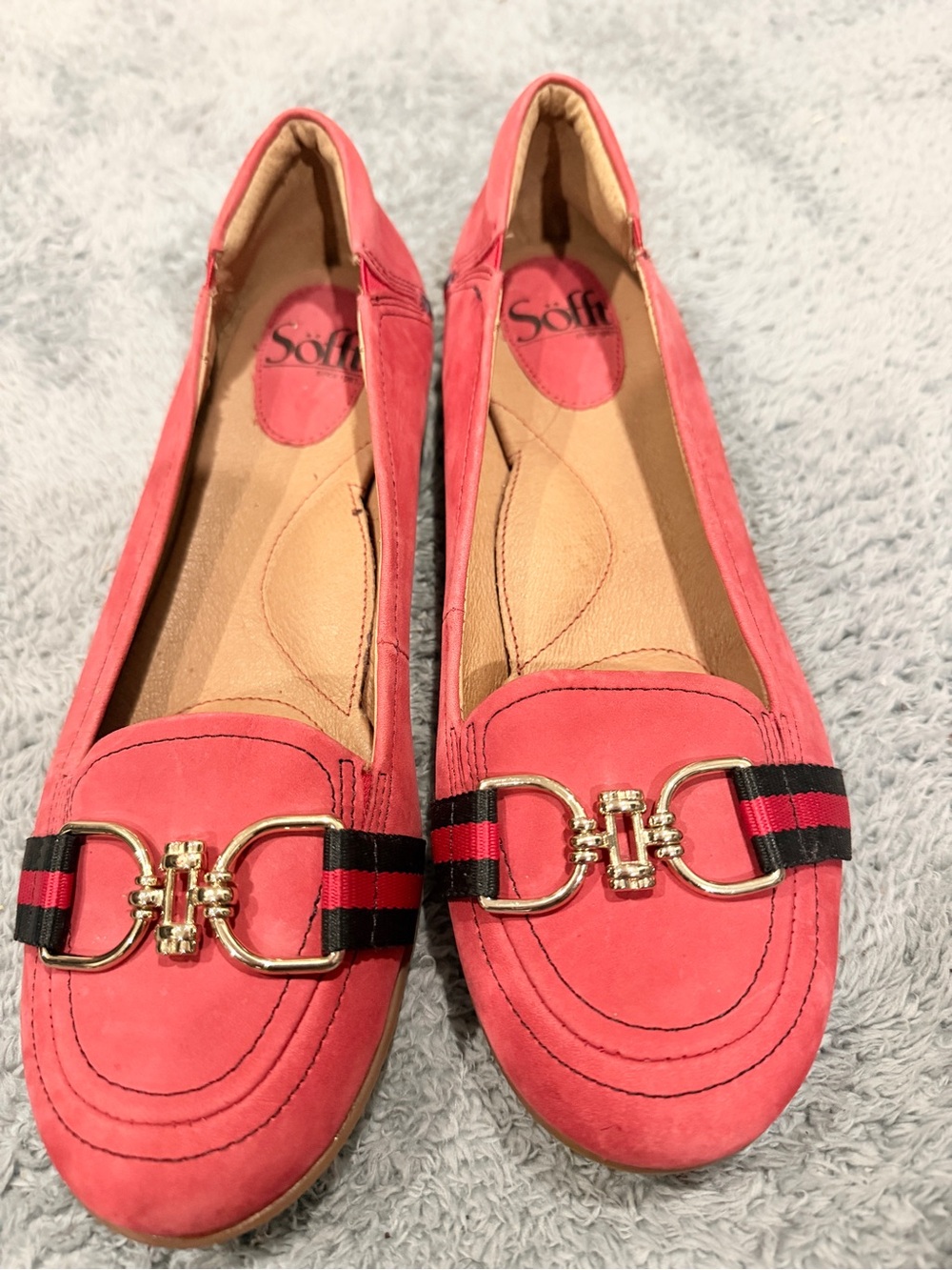 Sofft Brand Coral Pink Leather Loafers with Gold Hardware